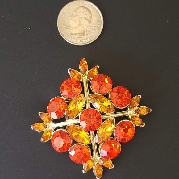Vintage Edlee Orange Rhinestone Maltese Cross Brooch Pin - Picture 3 of 8